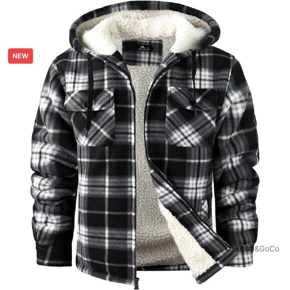 Men's Sherpa Lined Flannel Jacket Full Zip Hoodie Winter Outwear Classic